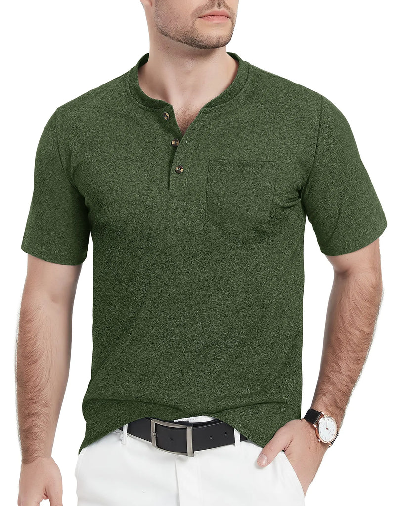 Summer Mens Cotton Henley T-shirts Casual Short Sleeve Tee Shirts-3