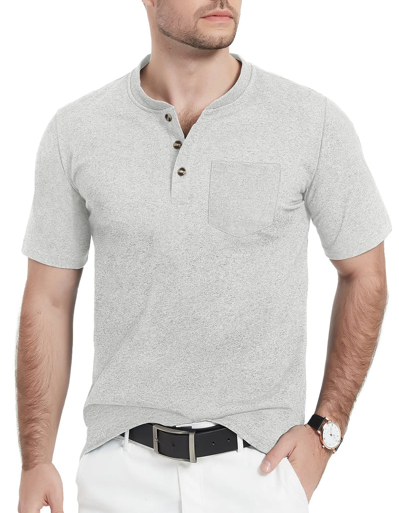 Summer Mens Cotton Henley T-shirts Casual Short Sleeve Tee Shirts-5