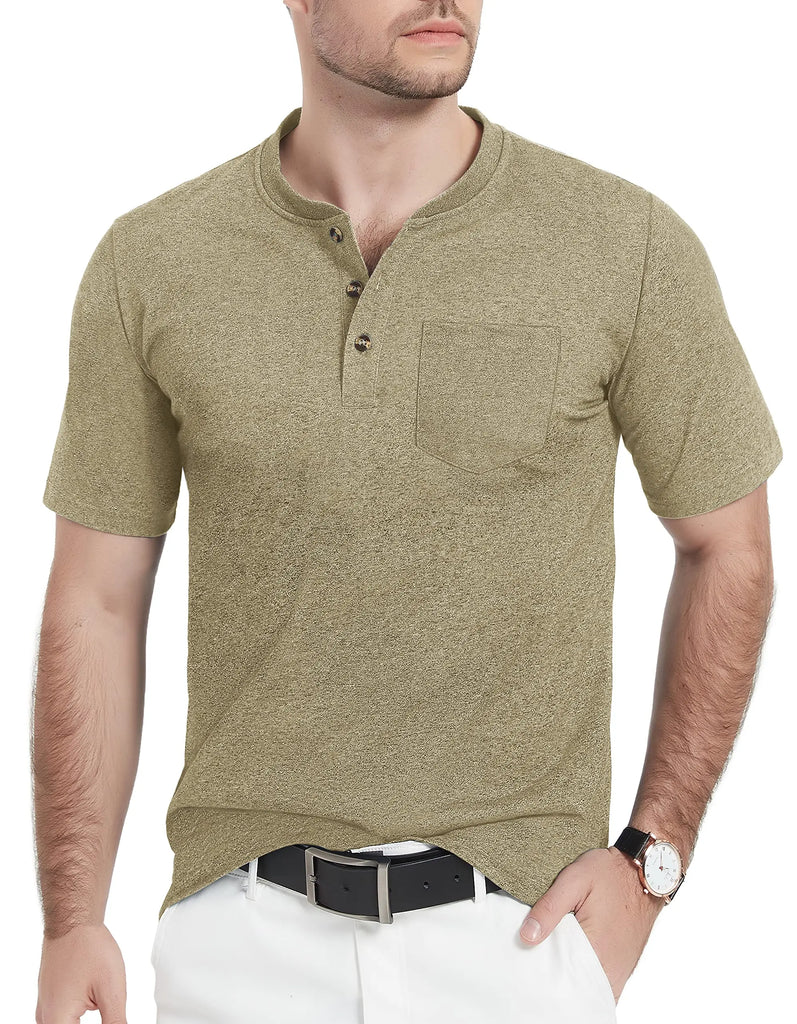 Summer Mens Cotton Henley T-shirts Casual Short Sleeve Tee Shirts-6