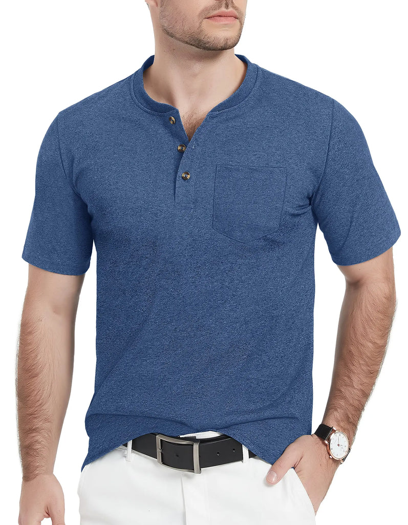 Summer Mens Cotton Henley T-shirts Casual Short Sleeve Tee Shirts-8