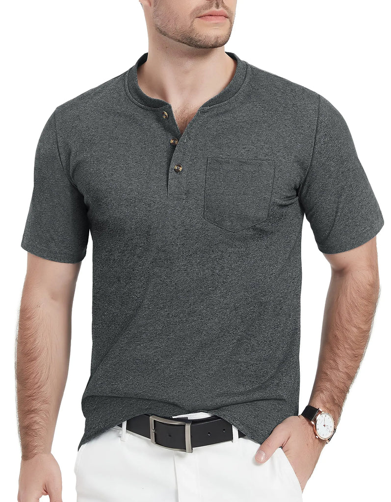 Summer Mens Cotton Henley T-shirts Casual Short Sleeve Tee Shirts-9