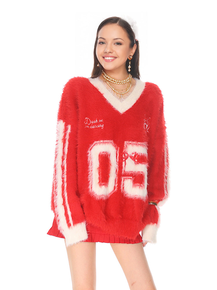Trendy Sporty Mohair sweater V neck lon-5g sleeve oversize pull over sweater ashore shop