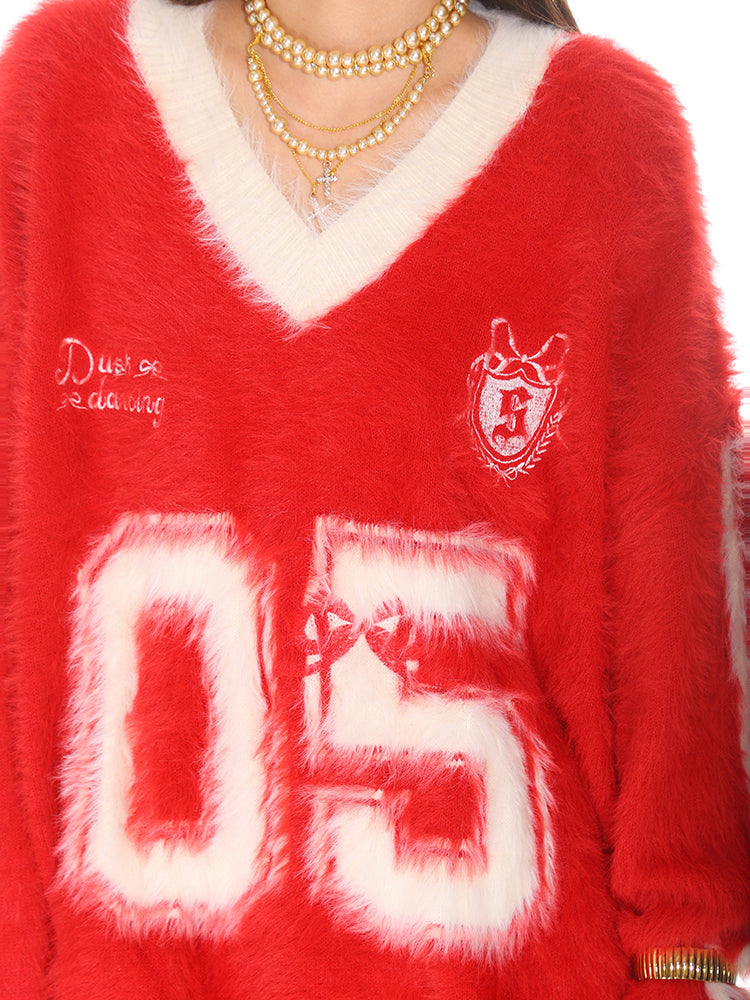 Trendy Sporty Mohair sweater V neck long sleeve oversize pull over sweater ashore shop-6