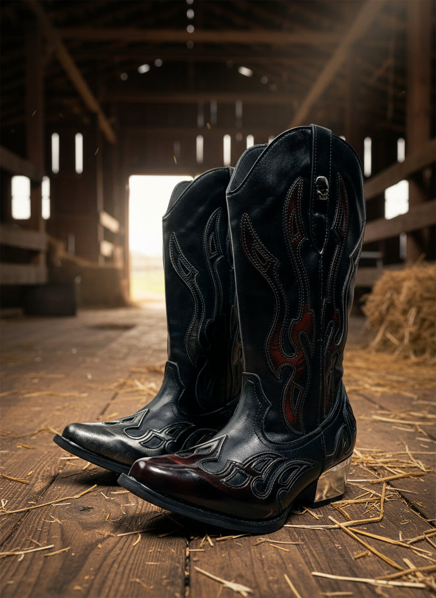 Western_Vintage_Black_PU_Leather_Boots