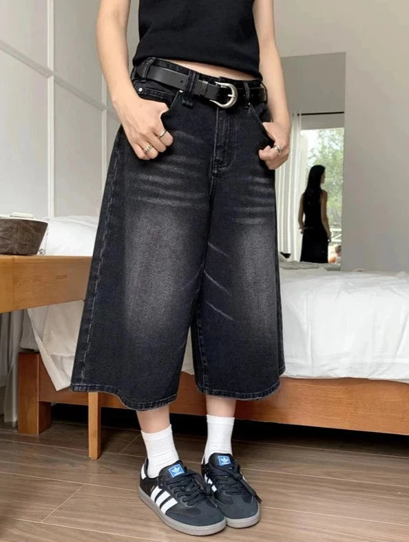 Style Baggy Denim Shorts Wide Leg Short Pants Fashion High Waisted Dar ASHORE SHOP