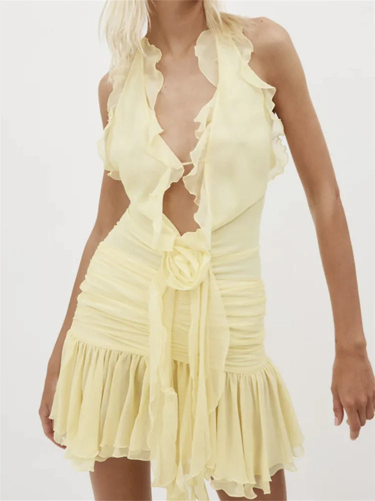 ashoreshop-3D-Flower-Patchwork-Mini-Dress-for-Women-Halter-Tie-up-Off-Shoulder-Backless-Ruched-mini-dresses