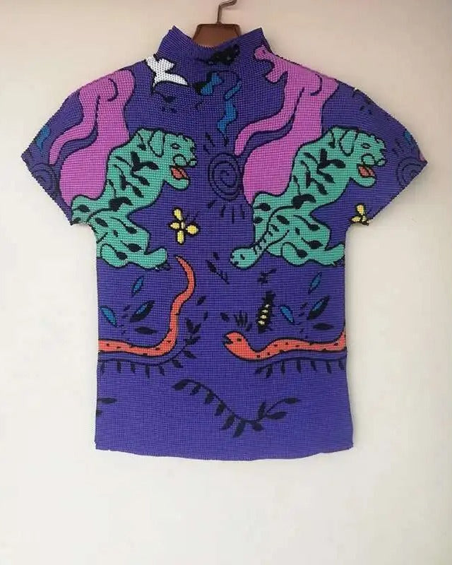 Ashore Ripple Stretch Print Pleated Short Sleeve T Shirts Super Stretch One Size Fit All
