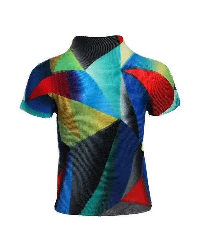 Ashore Ripple Stretch Print Pleated Short Sleeve T Shirts Super Stretch One Size Fit All
