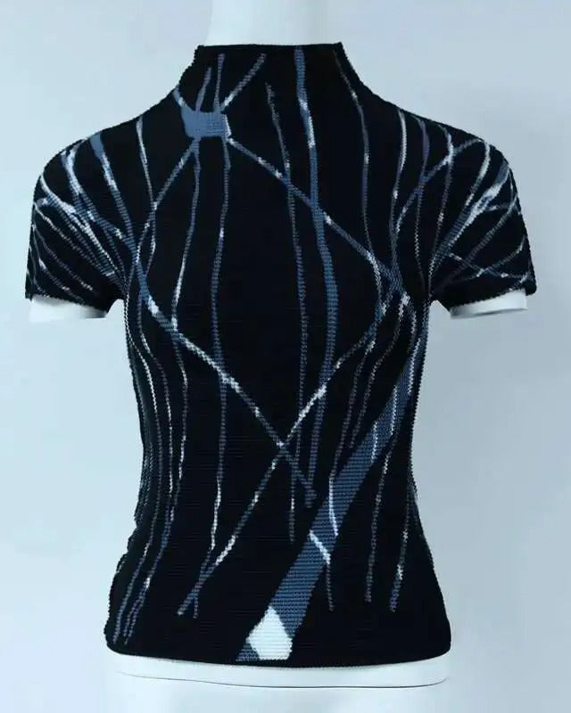 Ashore Ripple Stretch Print Pleated Short Sleeve T Shirts Super Stretch One Size Fit All