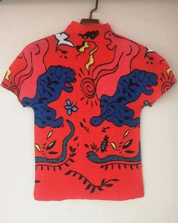 Ashore Ripple Stretch Print Pleated Short Sleeve T Shirts Super Stretch One Size Fit All