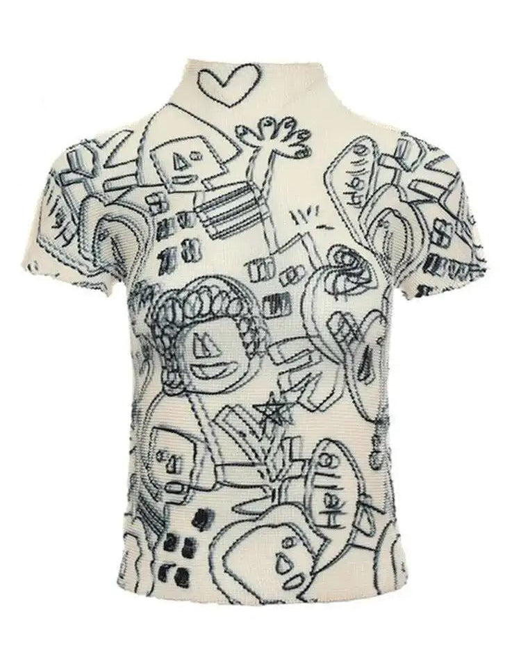 Ashore Ripple Stretch Print Pleated Short Sleeve T Shirts Super Stretch One Size Fit All