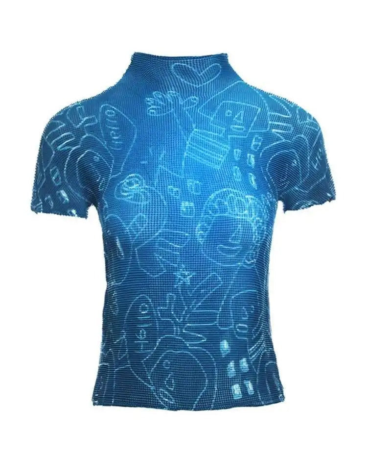 Ashore Ripple Stretch Print Pleated Short Sleeve T Shirts Super Stretch One Size Fit All
