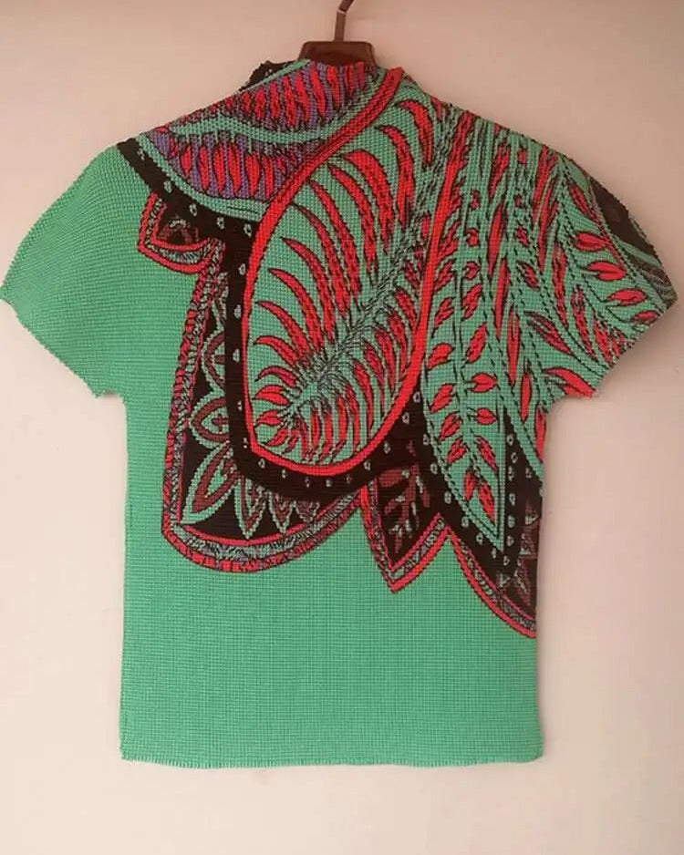 Ashore Ripple Stretch Print Pleated Short Sleeve T Shirts Super Stretch One Size Fit All