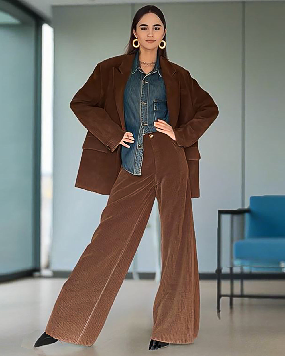 Retro dark brown loose-fit corduroy pant blazer suit set