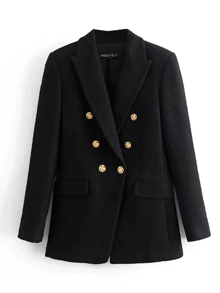 shoreshop-womens-woolen-blazer -Women 2023 Autumn Suits Metal Double Breasted Woolen Blazers Coat-2