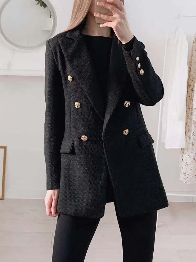 shoreshop-womens-woolen-blazer -Women 2023 Autumn Suits Metal Double Breasted Woolen Blazers Coat