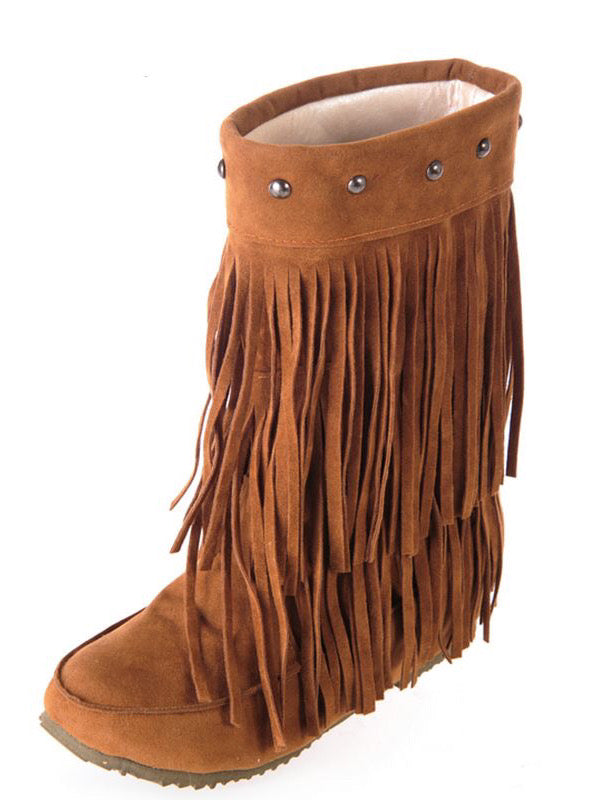 Womens 2 Layer Fringe Tassels Flat heel Half knee Western Boho Boots