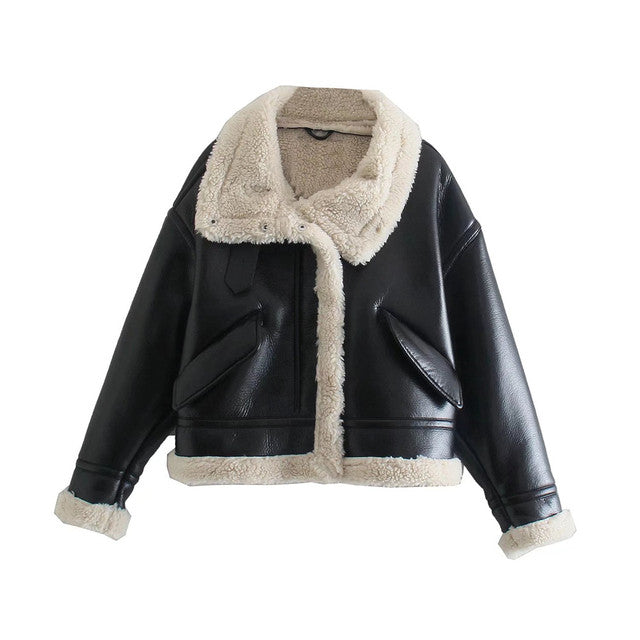 Women Motorcycle Coat Thick Warm Faux Leather Shearling Jacket Coat Vintage Classic Shearling Coat
