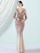 2023 New Elegant Full Sleeves Sequin Evening Dress Long Mermaid Deep V Neck Formal Party Dress for Women Evening Gown