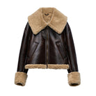 Womens Shearling Coat 2022 Winter Women Thick Vintage Faux Leather Jacket Ladies Casual Zipper Warm Lambswool Biker Coat