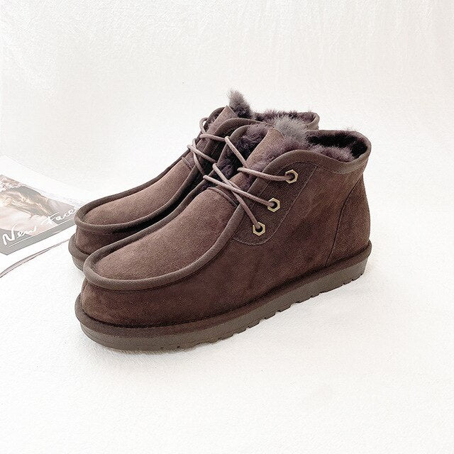 Mens Womens Winter Moccasins Sheepskin Wool One-piece Snow Boots