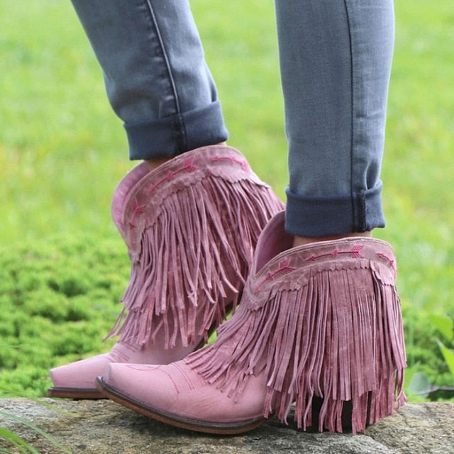 2023 Autumn Tassel Ankle Cowgirl Boots Square Heels Pointed Toe