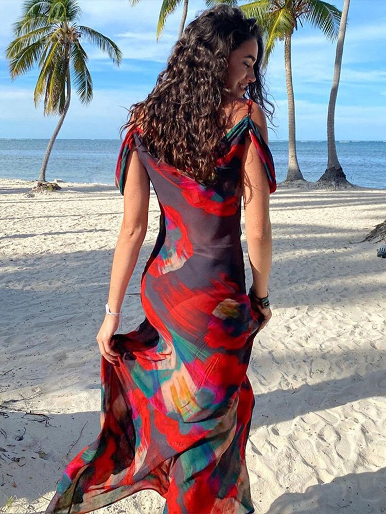 4Spring 2023 Vacation Maxi Dress Boho Print Cold Shoulder Vacation Beach Dress Women Summer