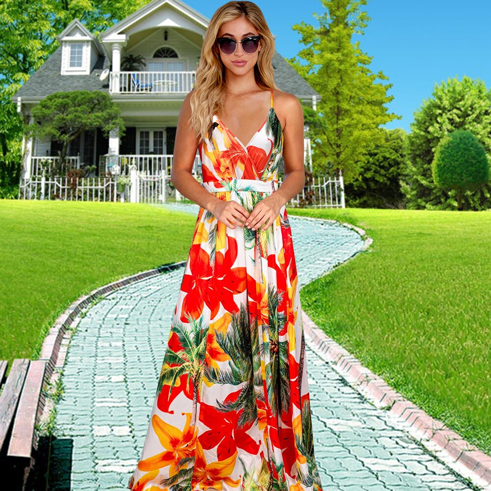 2022 Maxi Tropical Boho Floral Print Evening Party Beach Long Maxi Straps Dresses