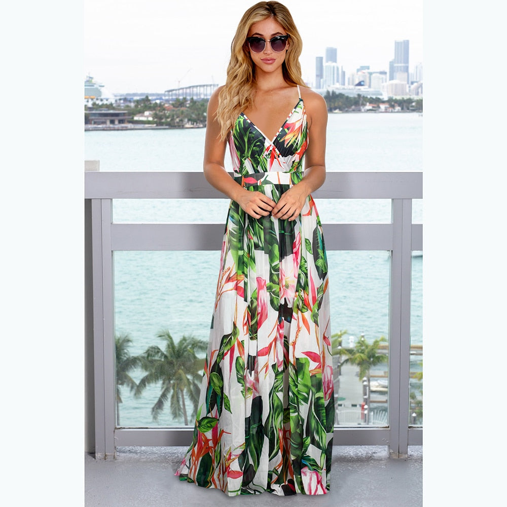 2022 Maxi Tropical Boho Floral Print Evening Party Beach Long Maxi Straps Dresses
