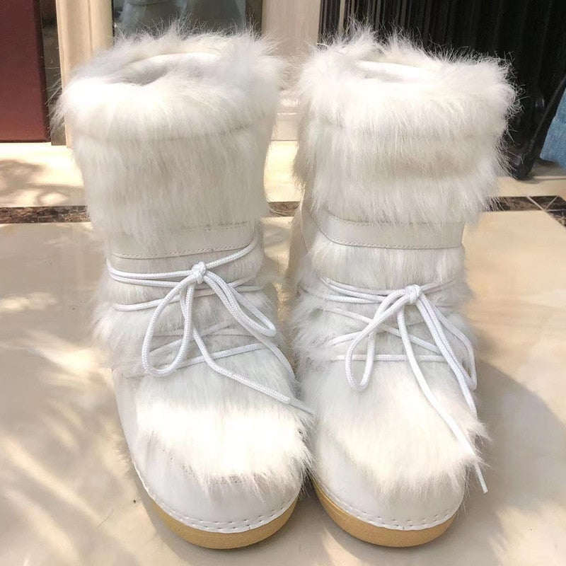 Ashore Shop Womens Snow Boots Winter Fur Boots Lace Up Middle Calf Platform Flat With White Ski Boots