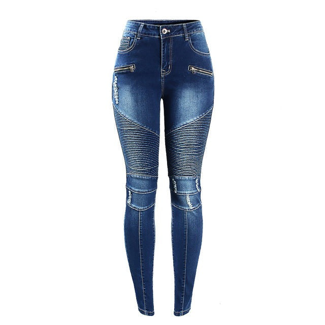 Women`s Jeans Motorcycle Biker Zip Mid High Waist Stretch Denim Skinny Pants