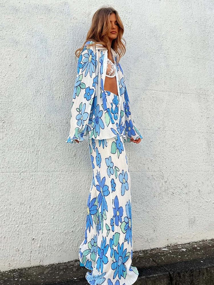 Vacation Luxury Comfort Matching Outfit Sets  Floral Print Pleated Sets Summer Panelled 2 Pieces Outifit