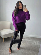 Women Soft Touch Faux Mohair Sweaters Loose Knit Purple Sweater High Neck Long Sleeve Female Pullovers Chic Tops