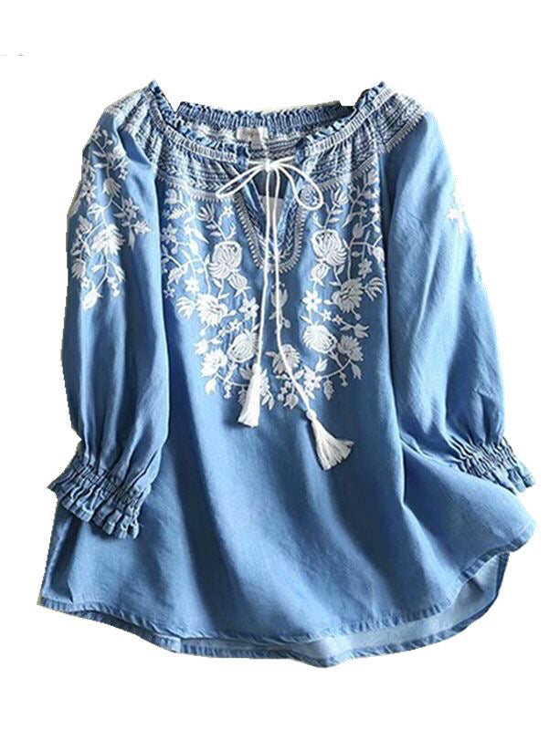 Vintage Chic Women Floral Embroidery Beach Bohemian Denim Cotton Blouse Shirt Long Sleeve V-neck Tassel Loose Boho Jeans Shirts