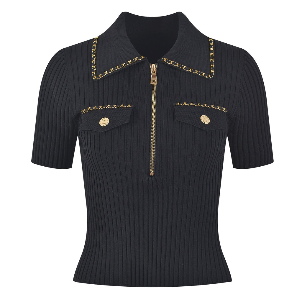 Ashore Boutique 2023 Summer Luxury Chain Design Polo Collar Slim Short Women Y2K Mini