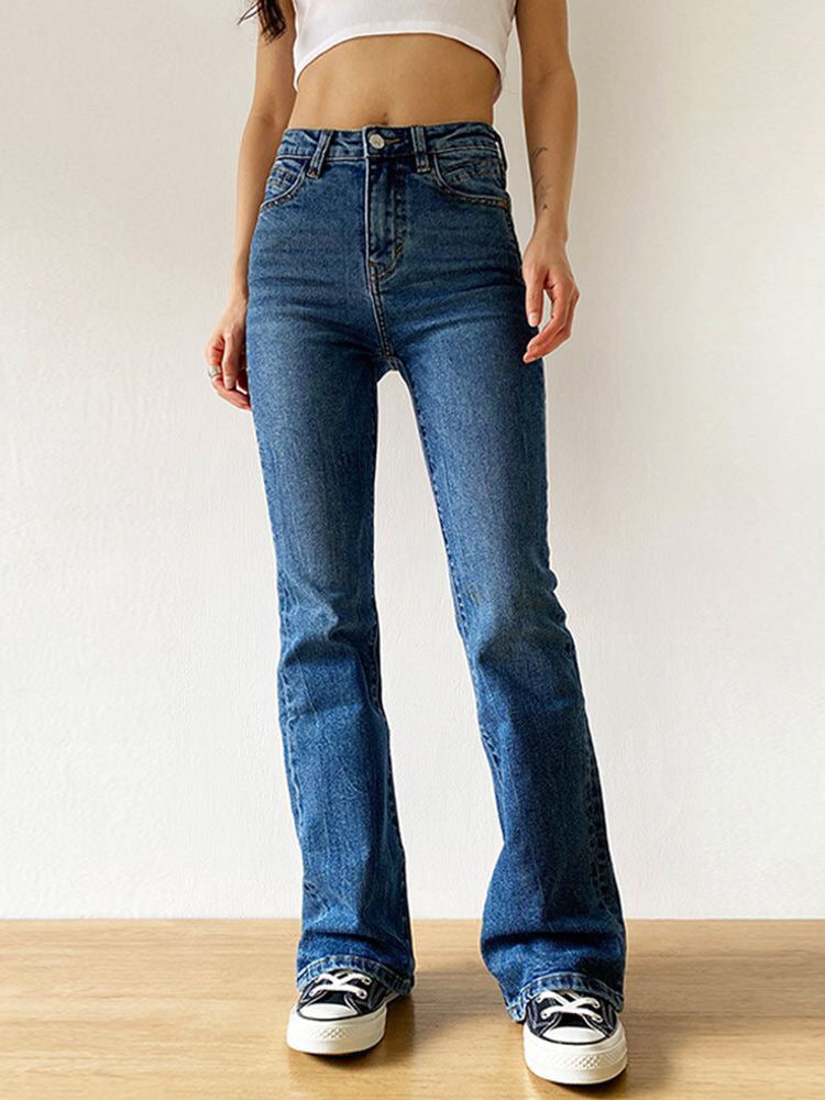 Regular Flared Jeans Woman High Waist Denim Trousers For Female Blue Elastic Skinny Fas