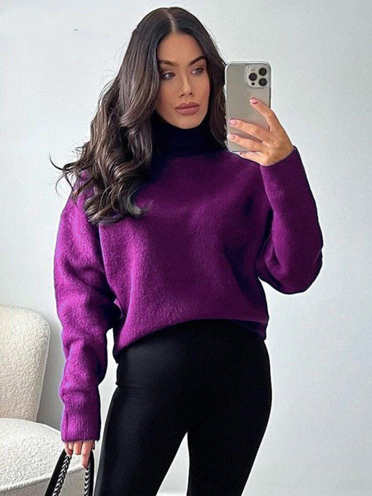 Women Soft Touch Faux Mohair Sweaters Loose Knit Purple Sweater High Neck Long Sleeve Female Pullovers Chic Tops