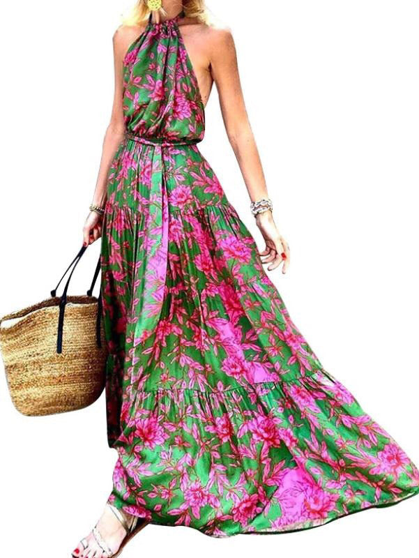 2022 summer new women's halter neck sexy backless beach boho print Maxi dress