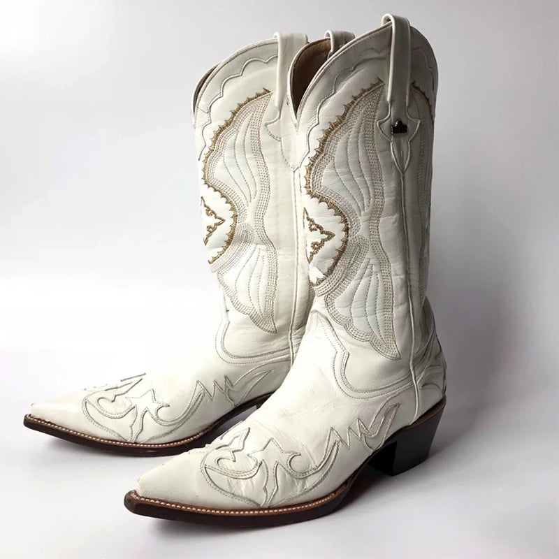 2022 luxury white spring cowgirl boots cutout embroidery pointy boots