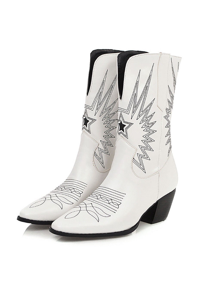 Ashoreshop Western Cowgirl Floral Boots For Women 2022 Pointed Toe Mid Calf Embroidery Boots