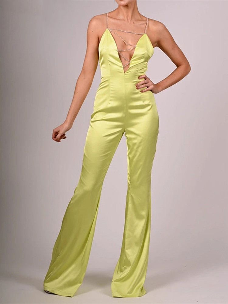 Summer Jumsuit Chain Lace-up Satin Boydcon  Jumpsuit Women Backless High Street One Piece Wide Leg Jumpsuits