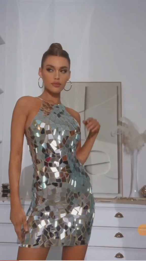ASHORE SHOP Sexy Shiny Metallic Sequin Halter Dress