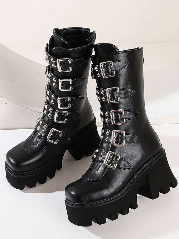 Punk Biker Boots Sexy Buckle Womens winter high boots Leather Block Heel Gothic Black Punk Style Platform Shoes