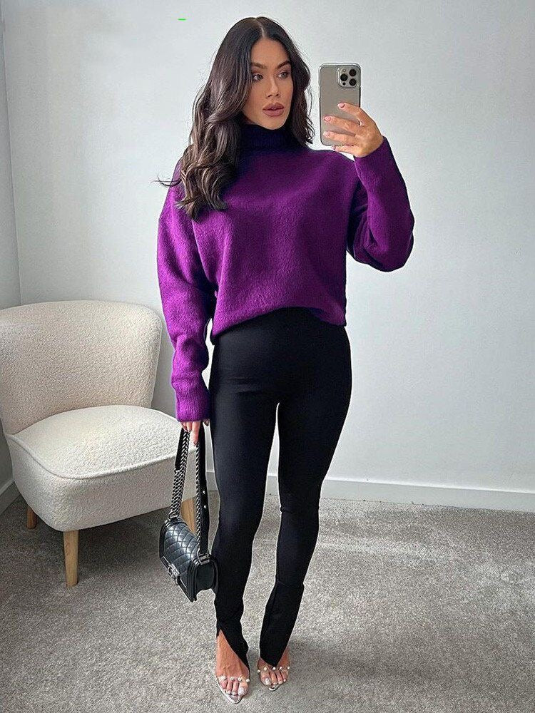 Women Soft Touch Faux Mohair Sweaters Loose Knit Purple Sweater High Neck Long Sleeve Female Pullovers Chic Tops