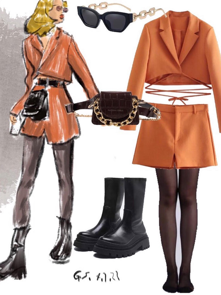 Spring Summer Office Lady Orange Women Suits V Neck Long Sleeve Bow Tie Short Blazer+High Waist Sheath Mini Skirts 2pc Sets
