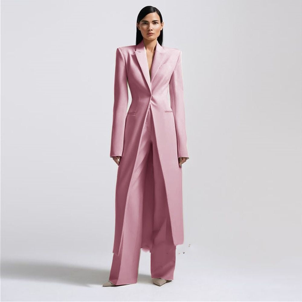 New Women's Two-Piece Set Elegant Party Suit Long Coat + Straight Pants