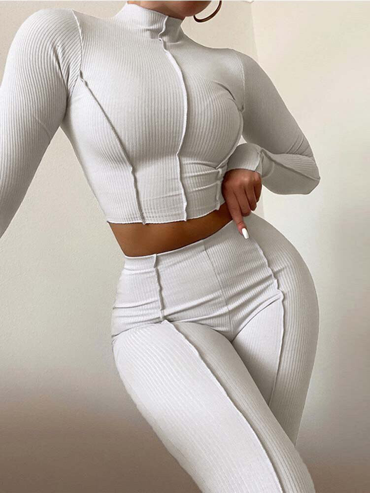 Long Sleeve Knitted Matching Sets Active or Daily Leisure Women's Set Fitting Body Breathable Long Sleeve Top Seamless Suit Push Up Leggings Fashion Set