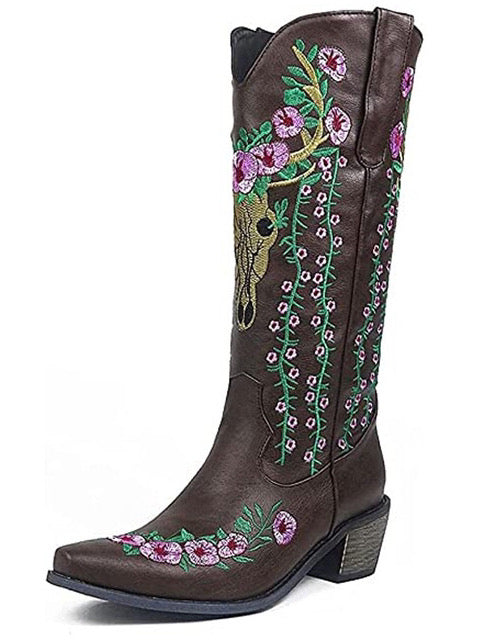 2022 New Cowgirl Boots Western Pointed Toe Chunky Vintgae Wedding Western Mid Calf Boots