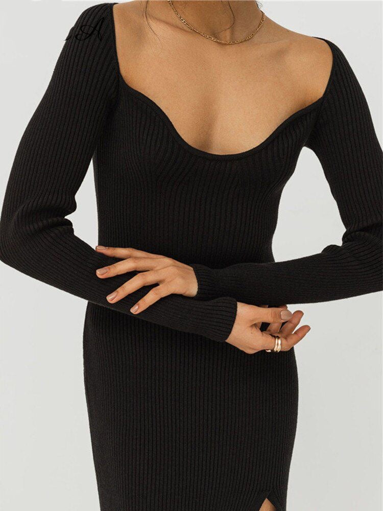 ASHORE SHOP Midi Sweater Dress Bodycon Black Long Sleeve Khaki Casual Long Dresses