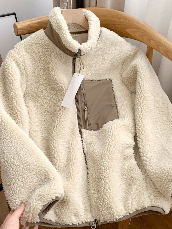 Zipper Lamb Fur Women Coats Winter Turtleneck Pocket Thick Warm Outerwear